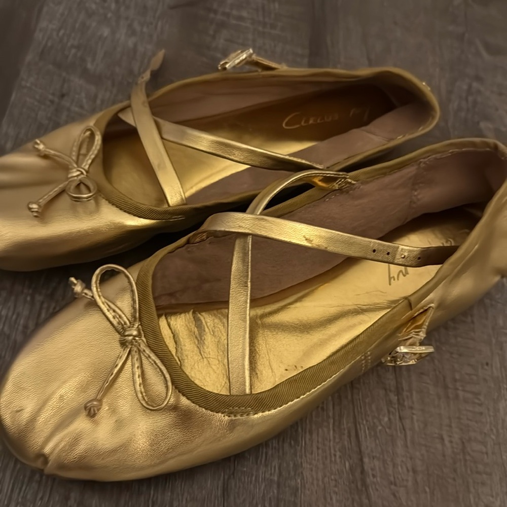 Women’s gold strapped ballet flats by circus ny